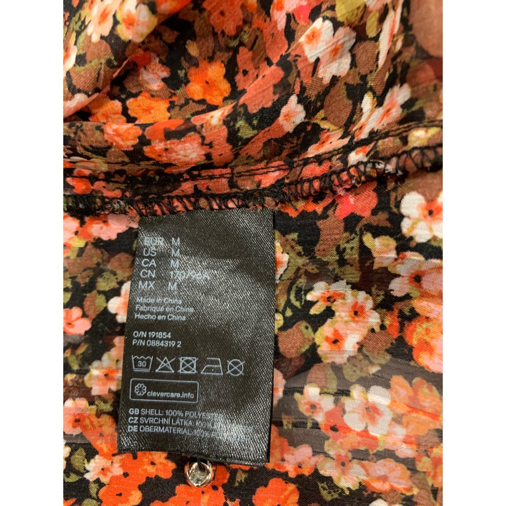 H&M Women Floral Blouse L Orange Black Cottagecore Mock Neck Balloon Sleeve - Picture 9 of 10